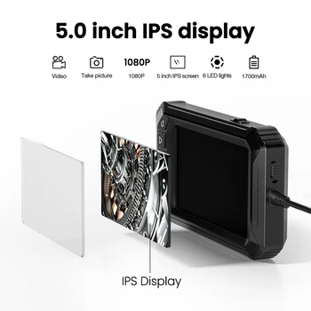 5-Инчов IPS Екран, 5 Мм, с два Обектива Индустриален Ръчен Ендоскоп CMOS Бороскоп на Инспекцията Отоскоп Камера 2MP HD 1080P Камера