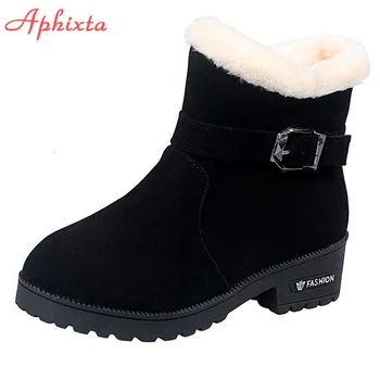 APHIXTA/Зимни топли Непромокаеми Зимни дамски обувки с катарама, Плюшени Обувки на платформа и Квадратен ток, дамски Обувки на меху, Много Голям Размер на 46