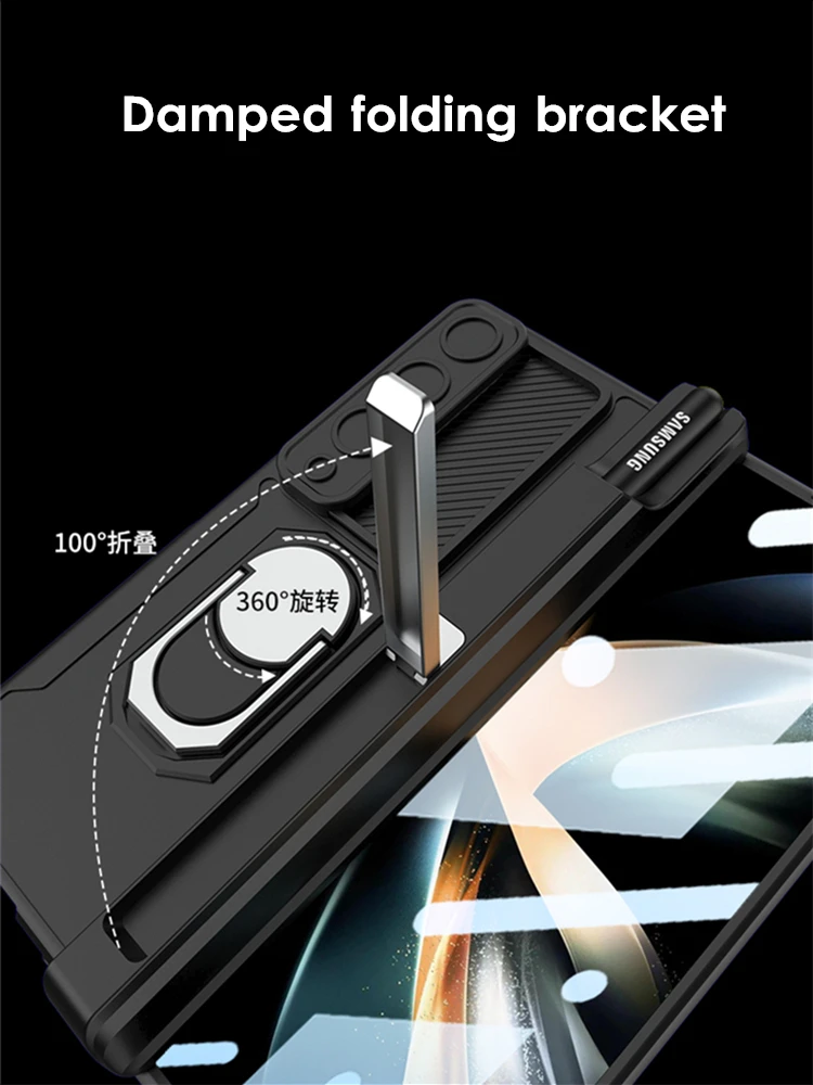 360 ° Push window Защитен Калъф за обектива За Samsung Galaxy Z Fold 4 5G Магнитен Капак Панта Притежателя Химикалки Поставка Твърд Анти Капка 3