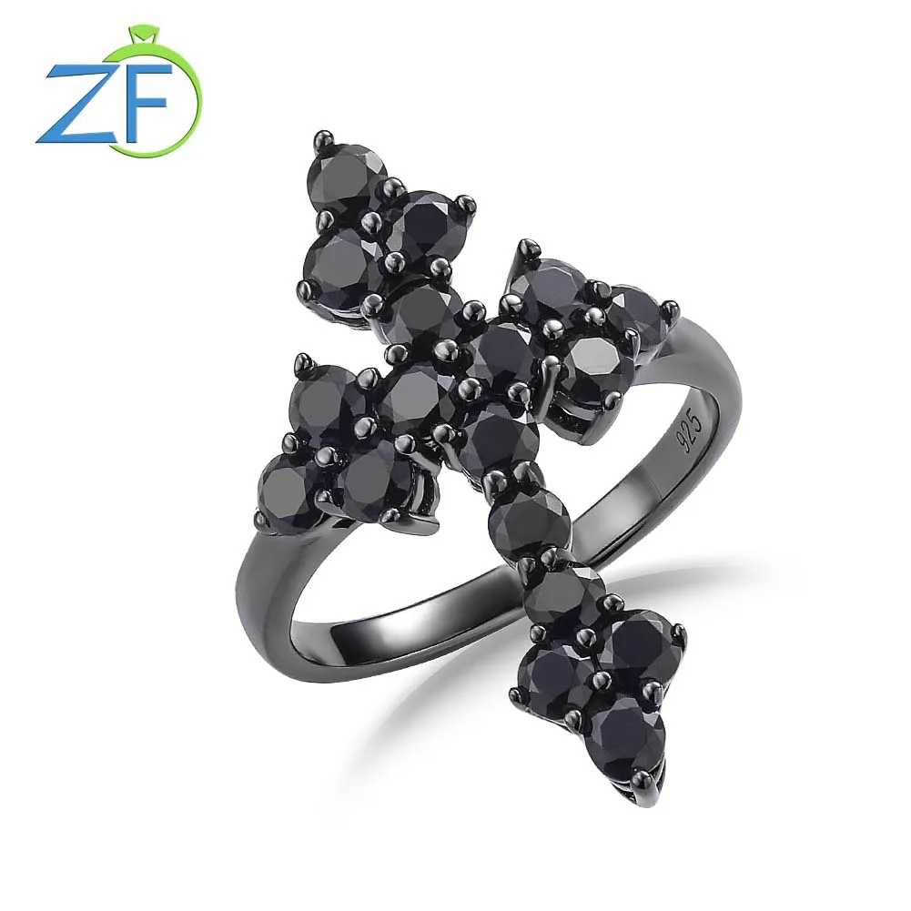 GZ ZONGFA 925 Сребро Кръст Пръстени за Жени Натурален Черно Шпинел Скъпоценни Камъни 2,4 Карата Чар, Модни Изискани Бижута 0