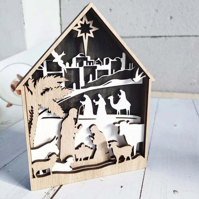 Коледа рождество сцени Украшение Издълбани Малкия Исус Овца Дървена Къща Религиозна Християнска Църква Католическа Подарък Декор G2AB 2