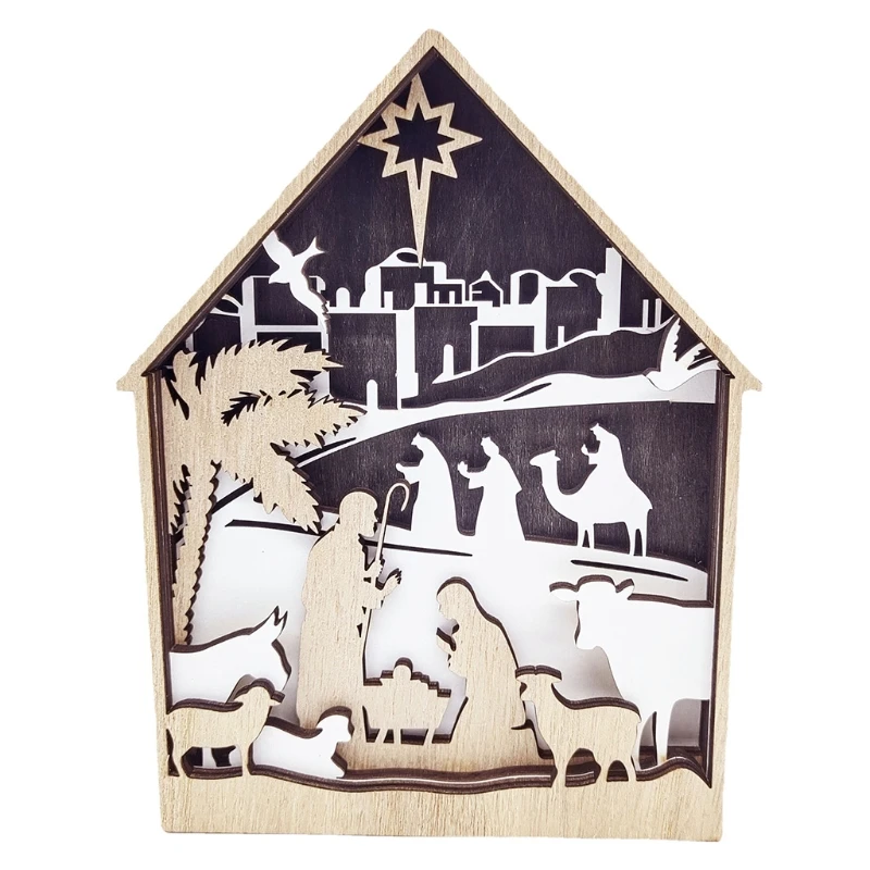 Коледа рождество сцени Украшение Издълбани Малкия Исус Овца Дървена Къща Религиозна Християнска Църква Католическа Подарък Декор G2AB 4