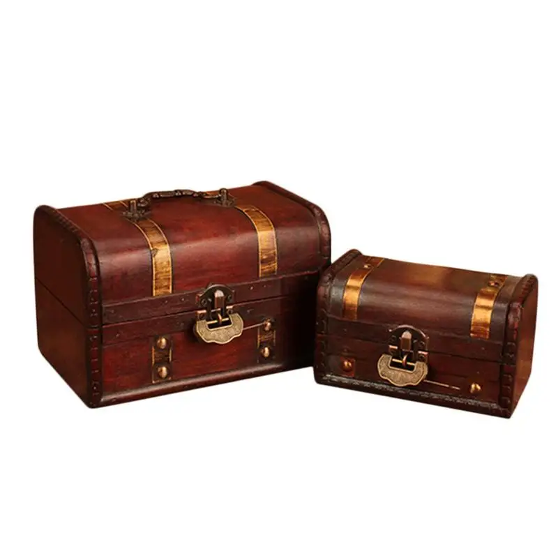 Ретро Стил Кожена Съкровище Декоративна Кутия С 2 Опаковки Дървени Сандъка На Багажника Домашна Кутия За Съхранение На Бижута С Ключ Спалня Подпори 0