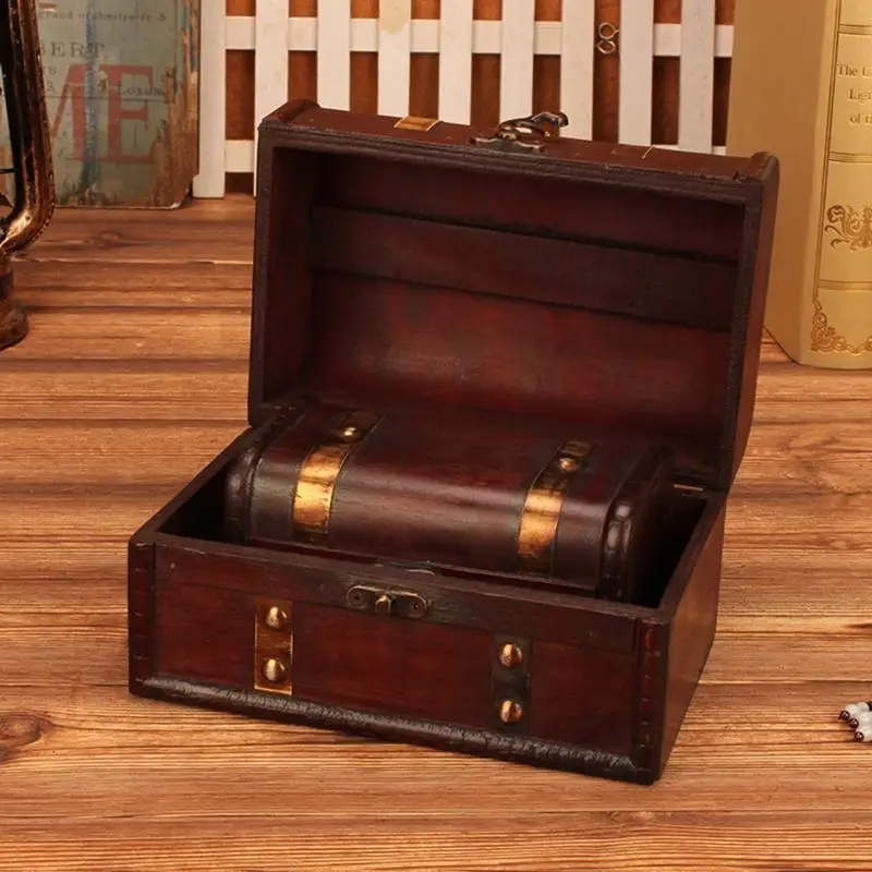 Ретро Стил Кожена Съкровище Декоративна Кутия С 2 Опаковки Дървени Сандъка На Багажника Домашна Кутия За Съхранение На Бижута С Ключ Спалня Подпори 2