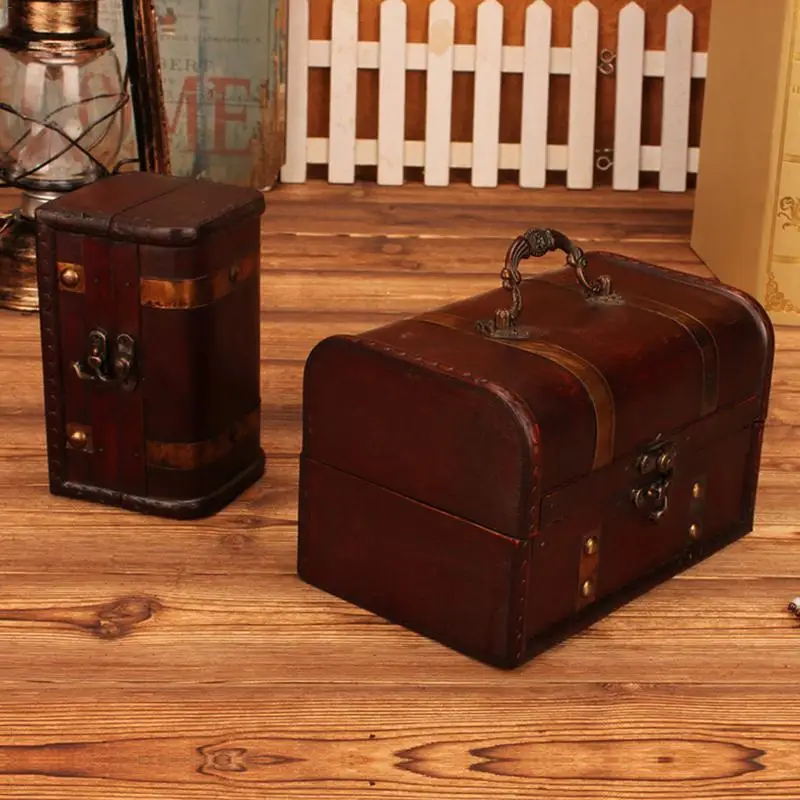 Ретро Стил Кожена Съкровище Декоративна Кутия С 2 Опаковки Дървени Сандъка На Багажника Домашна Кутия За Съхранение На Бижута С Ключ Спалня Подпори 3