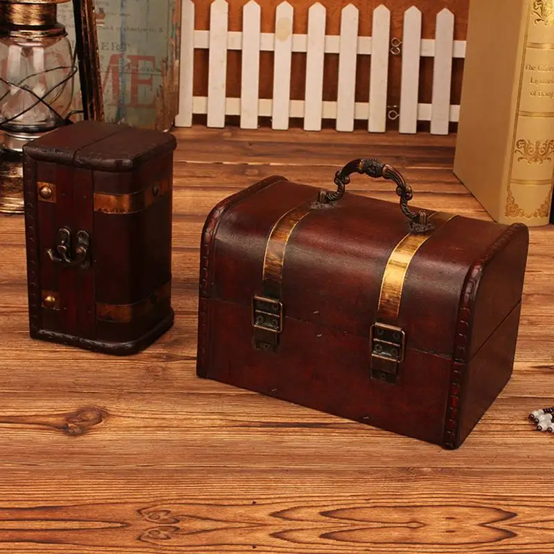 Ретро Стил Кожена Съкровище Декоративна Кутия С 2 Опаковки Дървени Сандъка На Багажника Домашна Кутия За Съхранение На Бижута С Ключ Спалня Подпори 4