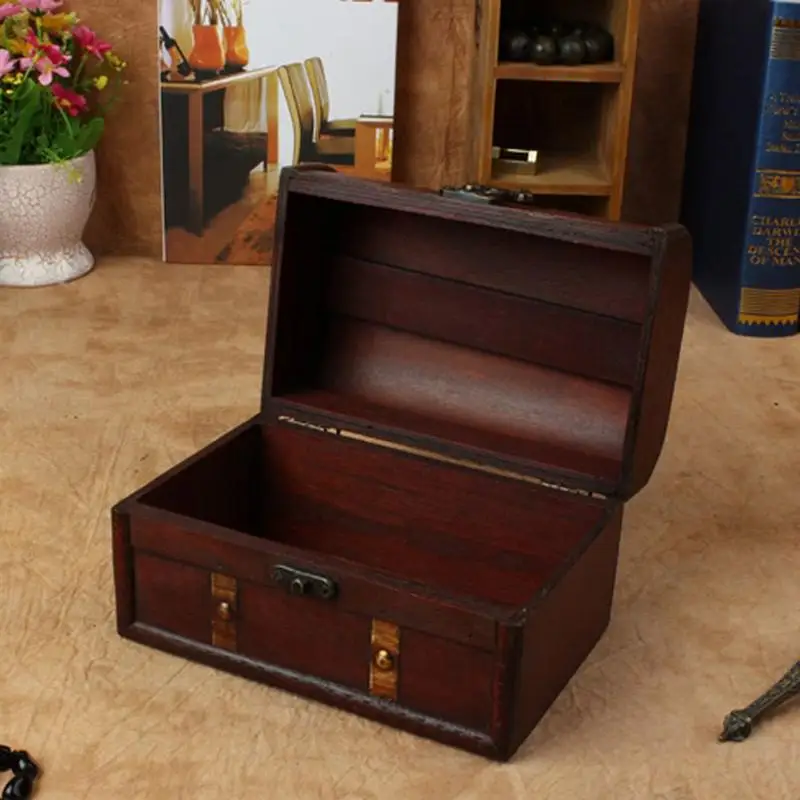 Ретро Стил Кожена Съкровище Декоративна Кутия С 2 Опаковки Дървени Сандъка На Багажника Домашна Кутия За Съхранение На Бижута С Ключ Спалня Подпори 5