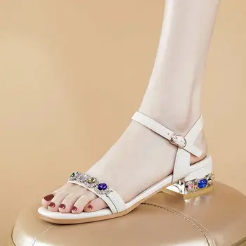 Arity/Модни Сандали; Дамски Обувки На Нисък Ток; Луксозни Обувки От Мека Кожа С Кристали; Вечерни Работни Обувки С Каишка И Катарама; Сандали