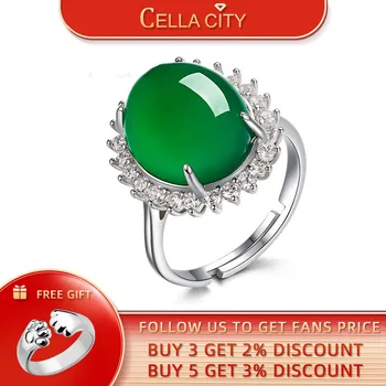 Cellacity 925 Сребърен Пръстен за Жени Бижута със Зелен Халцедоном Скъпоценни Камъни Етнически Подарък за Празник, Годишнина Аксесоари