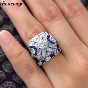 Choucong Реколта Обещание пръстен комплект Синьо AAAAA Циркон Cz 925 стерлинги сребърни бижута Годишнина Годежен Пръстен за жени и за мъже Бижута