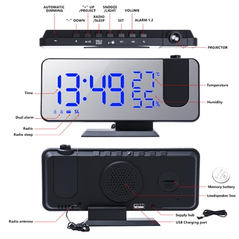 FM-Радио-Led Дигитален часовник Проекция Интелигентен Електронен Проектор Време 180 ° Повторение Пробуждане Тъпо Нощни Часове За Спални