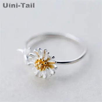Uini-Tail горещо предложение 925 Тибетски сребърна гора златни цвете малка маргаритка пръстен скъпа мода динамични малки листа отворен пръстен GN308