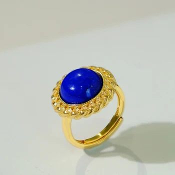Изтънчен дизайн, инкрустирани сребърни ретро привкус сини пръстени за жени лазурит през цялата регулируема светлина луксозни и висококачествени бижута Подарък