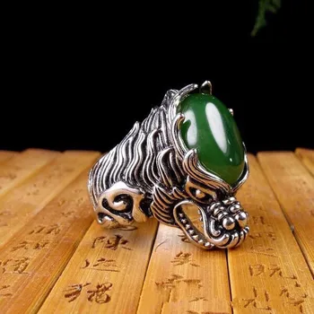 Истинско зелено нефритовое пръстен с волчьей главата, име на по размер, хотанское нефритовое пръстен от сребро 925 проба, мъжки пръстени, маркови бижута