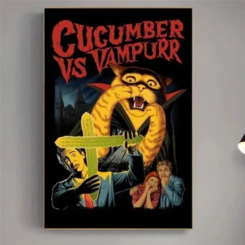 краставица и вампир платно художествен плакат на котка и жена червен напитка карикатура Хелоуин украса бар кафене украса