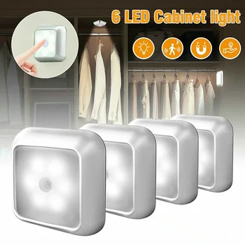 Сензор за движение Светлина 6 Led Led Светлина Сензор за Квадратен Нощни Светлини Автоматично Включване/Изключване на Безжичната монтиран на стената Лампа С батерия Нощна Лампа