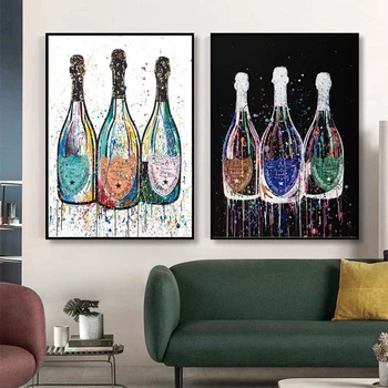 Цветна Картина върху Платно в Стил Поп-арт, Плакат с Бутилка Шампанско и Принтом, Съвременната Абстрактна Стенни Художествена Картина за Хола, Домашен Декор